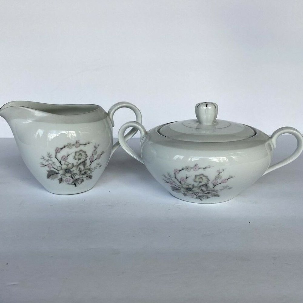 1950s Harmony House Fine China, Nannette, Dawn Grey Creamer and Sugar Bowl Set